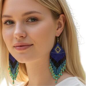 Boho‎ Beaded Fringe Earrings – Blue Teal Black Statement Dangle